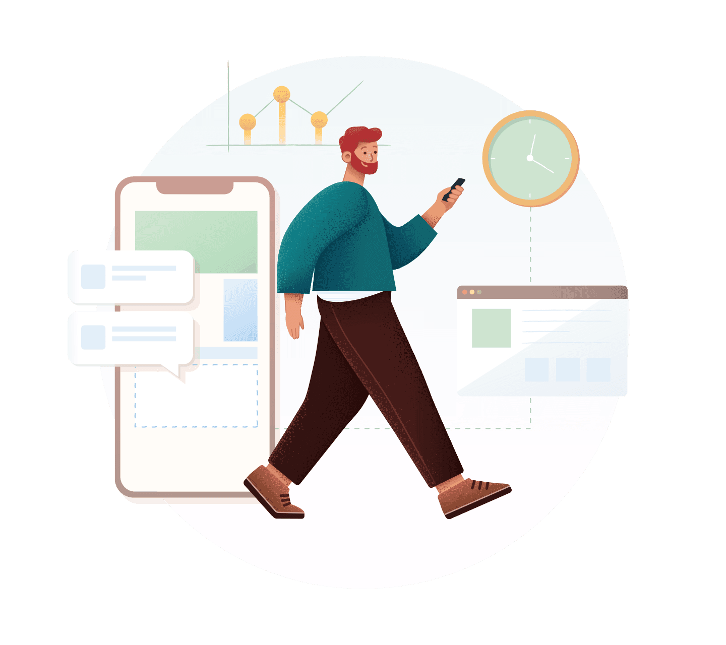 A student walks between a phone and a web dashboard, checking progress on the go